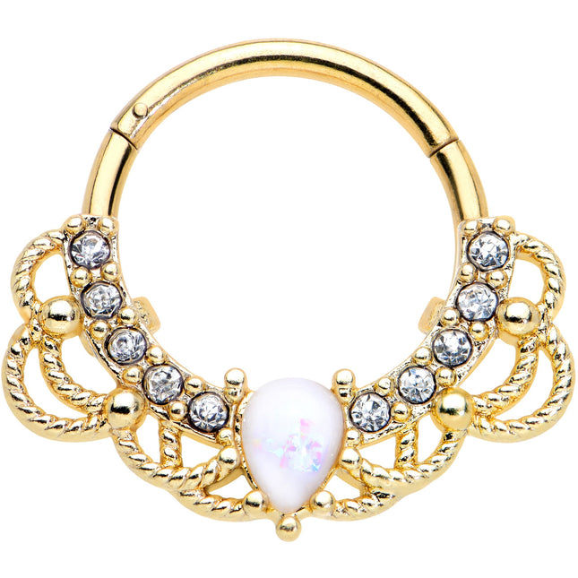 16G 3/8 White Faux Opal Gold Tone Lace Lover Hinged Segment Ring