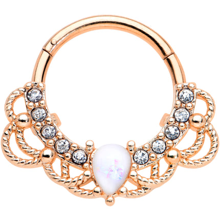 16G 3/8 White Faux Opal Rose Gold Tone Lace Hinged Segment Ring