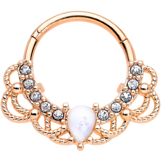 16G 3/8 White Faux Opal Rose Gold Tone Lace Hinged Segment Ring