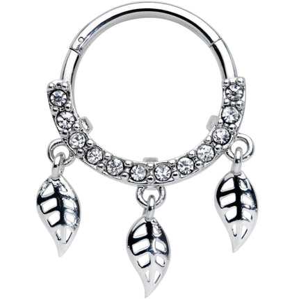 16G 3/8 Clear Gem Open Leaf Dangle Hinged Segment Ring