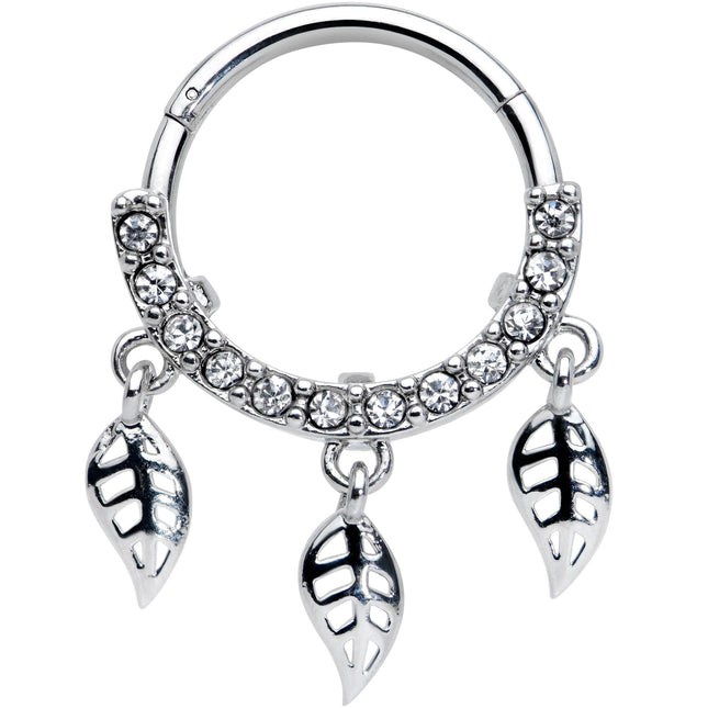 16G 3/8 Clear Gem Open Leaf Dangle Hinged Segment Ring