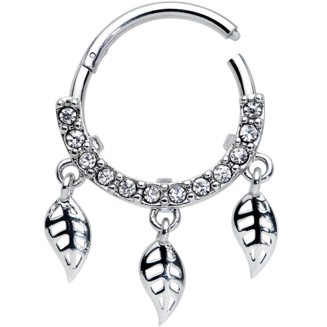 16G 3/8 Clear Gem Open Leaf Dangle Hinged Segment Ring