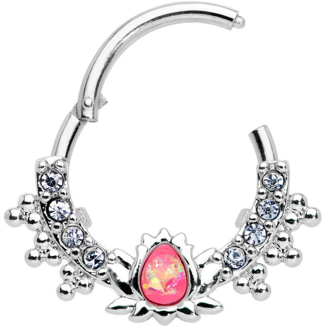16G 3/8 Pink Faux Opal Stylized Lotus Hinged Segment Ring