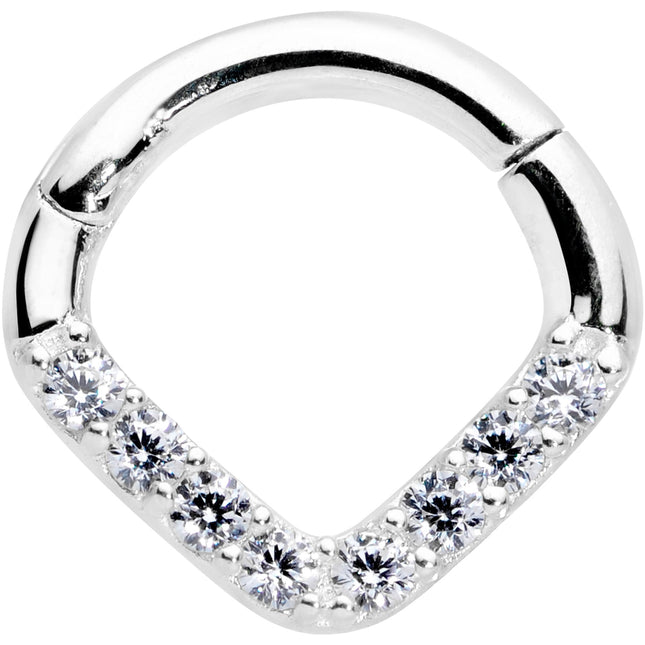16G 1/4 14k White Gold Clear CZ Gem Chevron Hinged Segment Ring