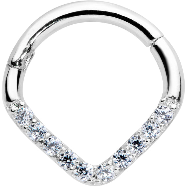 16G 5/16 14k White Gold Clear CZ Gem Chevron Hinged Segment Ring