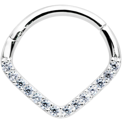 16G 3/8 14k White Gold Clear CZ Gem Chevron Hinged Segment Ring