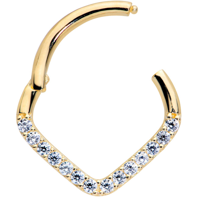 16G 3/8 14k Gold Clear CZ Gem Chevron Hinged Segment Ring