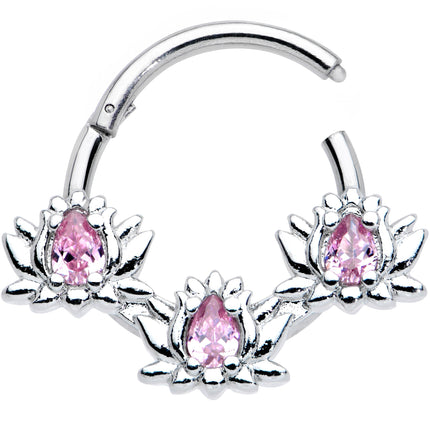 16G 3/8 Pink CZ Gem Triple Lotus Hinged Segment Ring