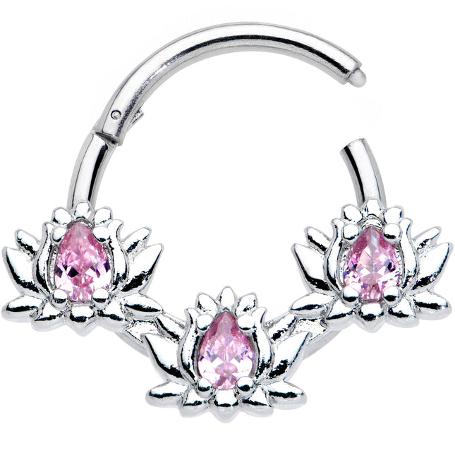 16G 3/8 Pink CZ Gem Triple Lotus Hinged Segment Ring