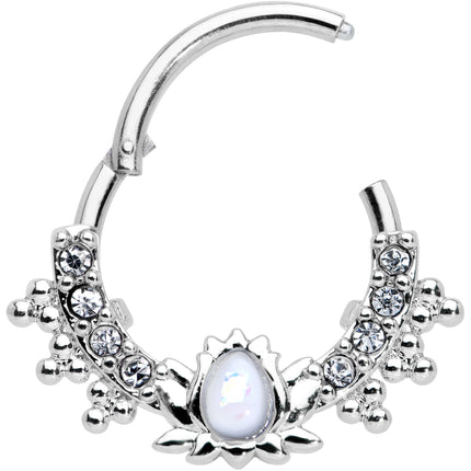 16G 3/8 White Faux Opal Stylized Lotus Hinged Segment Ring