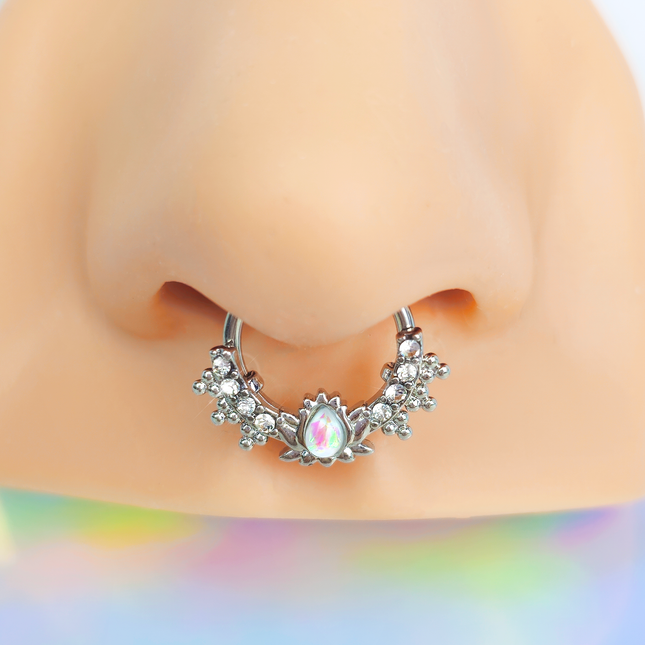 16G 3/8 White Faux Opal Stylized Lotus Hinged Segment Ring