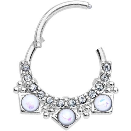 16G 3/8 White Faux Opal Squares Hinged Segment Ring