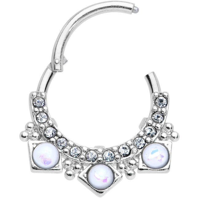 16G 3/8 White Faux Opal Squares Hinged Segment Ring