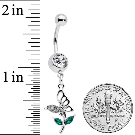 Clear Green Gem Perching Floral Butterfly Dangle Belly Ring