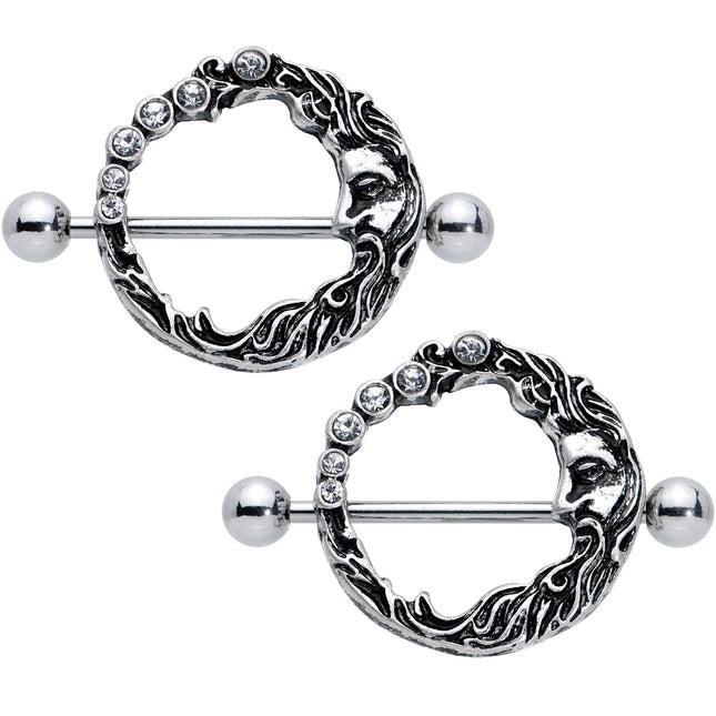 14G 3/4 Clear Gem Face Crescent Moon Nipple Shield Set