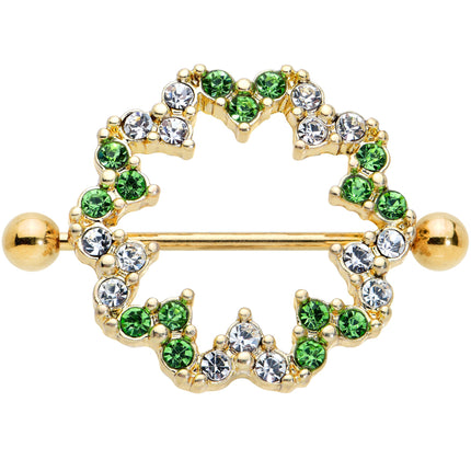 14G 25mm Gold Tone Clear Green Gem Floral Nipple Shield Set