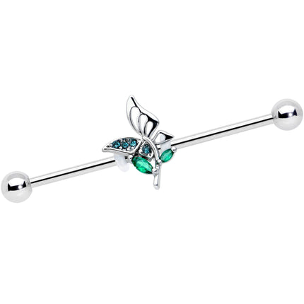 14G Blue Green Gem Floral Butterfly Industrial Barbell 38mm