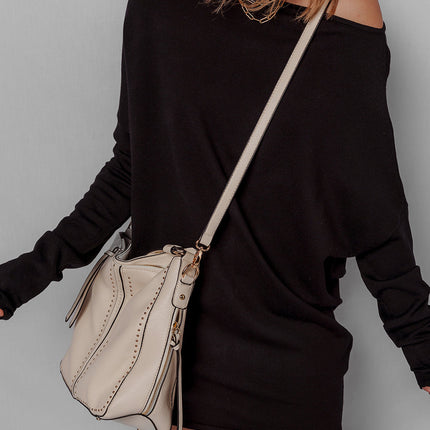 Black Asymmetric Neck Batwing Sleeve Shift Mini Sweater Dress