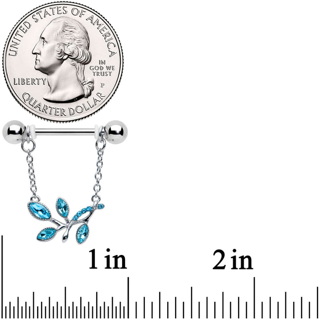 14G 9/16 Blue Gem Leaves of Love Chain Dangle Nipple Ring Set
