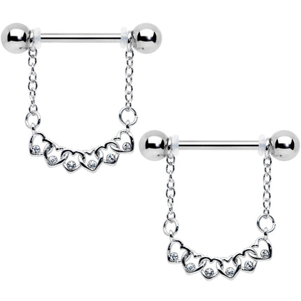 14G 9/16 Clear Gem Link Heart Valentine Dangle Nipple Ring Set