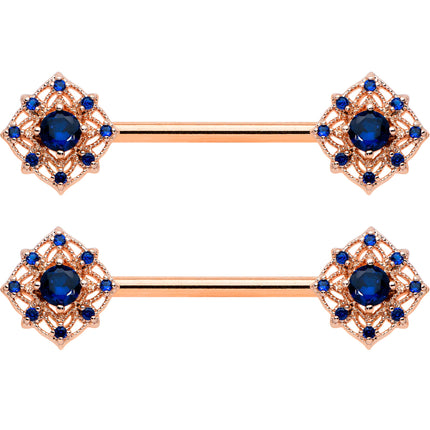 14G 9/16 Blue Gem Rose Gold Tone Wicked Web Nipple Ring Set