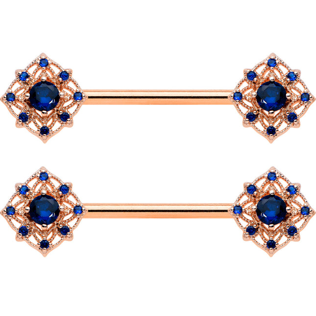 14G 9/16 Blue Gem Rose Gold Tone Wicked Web Nipple Ring Set