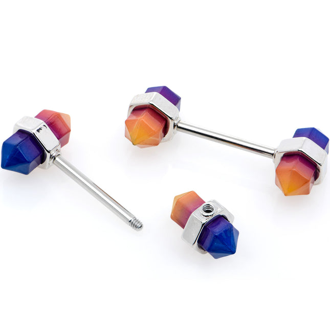 14G 9/16 Blue Ombre Tourmaline Natural Stone Barbell Nipple Ring Set