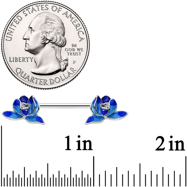 14G 9/16 Lovely Blue Lotus Flowers Barbell Nipple Ring Set