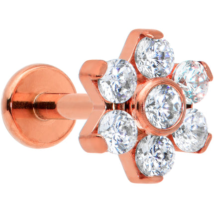 16G 1/4 Clear CZ Gem Rose Gold Tone G23 Titanium Flower Labret
