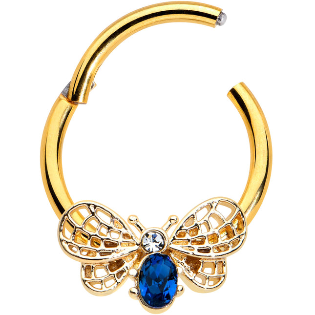 16G 3/8 Blue Gem Gold Tone Beautiful Bee Hinged Segment Ring
