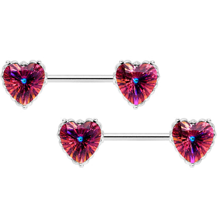 14G 9/16 Red CZ Gem Heart Love Valentine Barbell Nipple Ring Set