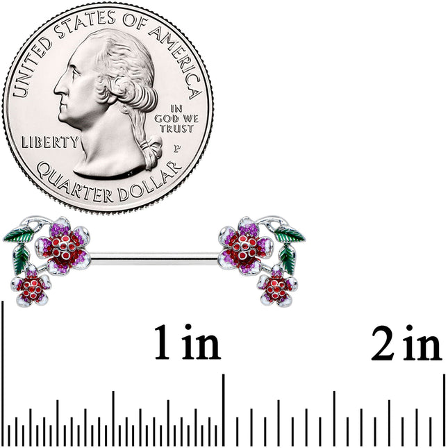 14G 9/16 Purple Red Flower in Flower Barbell Nipple Ring Set