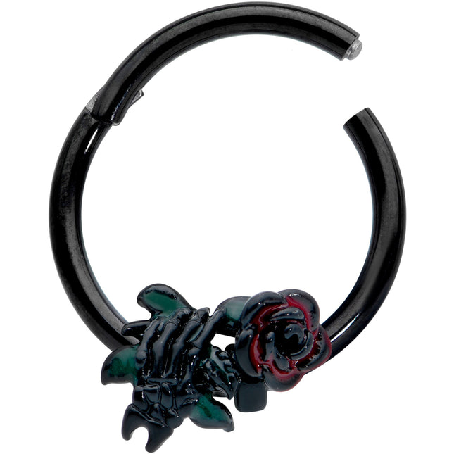 16G 3/8 Black Skeleton Flower Halloween Hinged Circular Ring