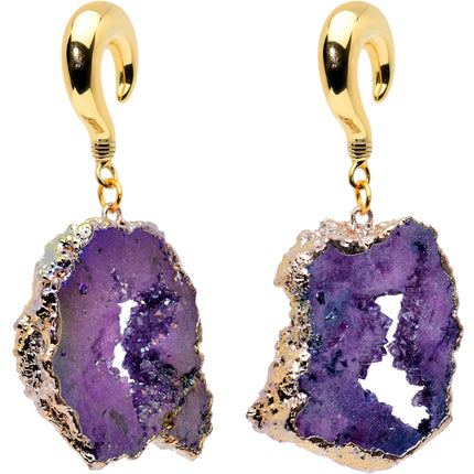 2G Gold Tone Purple Druzy Stone Curved Taper Ear Weights