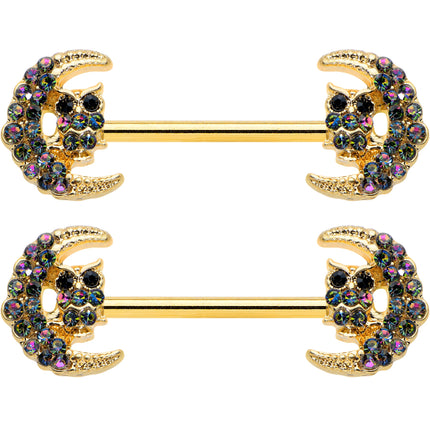 14G 5/8 Aurora Gem Gold Tone Owl Moon Barbell Nipple Ring Set