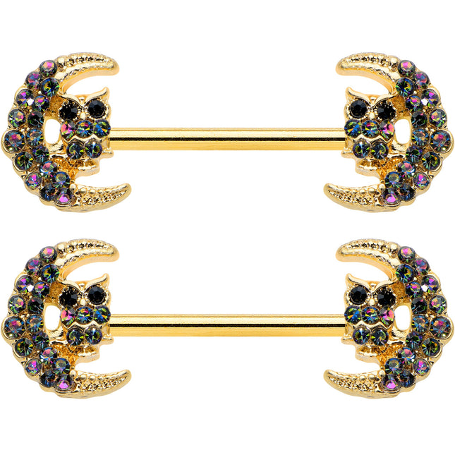 14G 5/8 Aurora Gem Gold Tone Owl Moon Barbell Nipple Ring Set