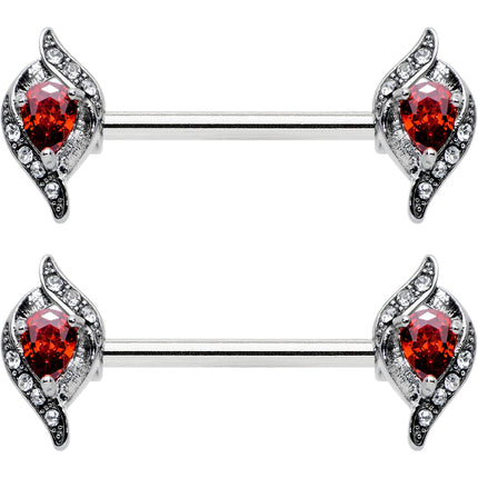 14G 9/16 Clear Red Gem Swirling Oval Barbell Nipple Ring Set
