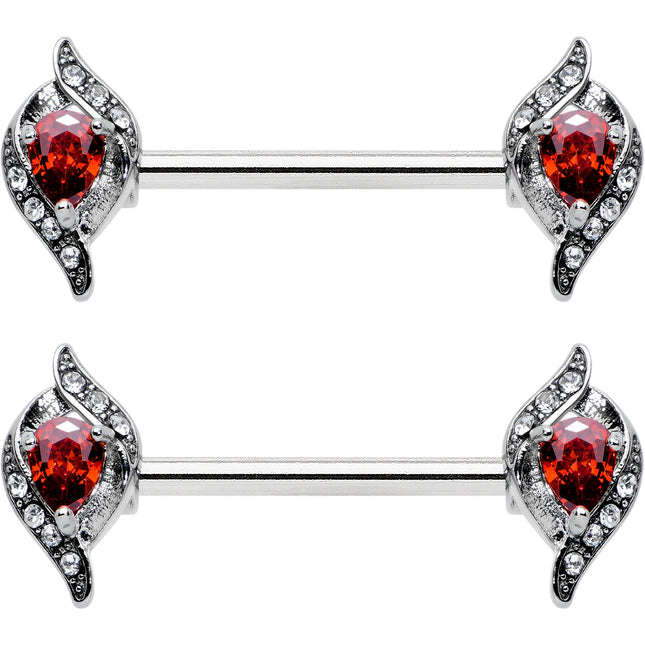 14G 9/16 Clear Red Gem Swirling Oval Barbell Nipple Ring Set