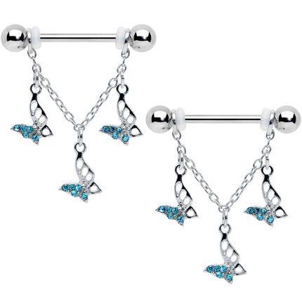 14G 9/16 Blue Gem Open Butterfly Chain Dangle Nipple Ring Set
