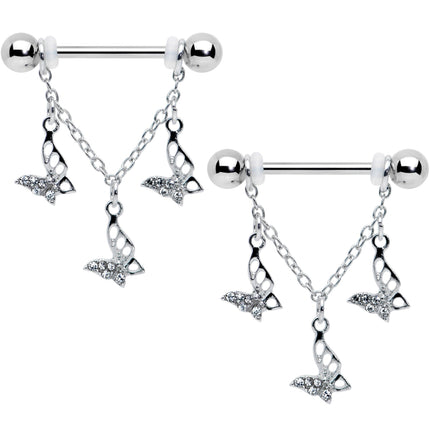 14G 9/16 Clear Gem Open Butterfly Chain Dangle Nipple Ring Set