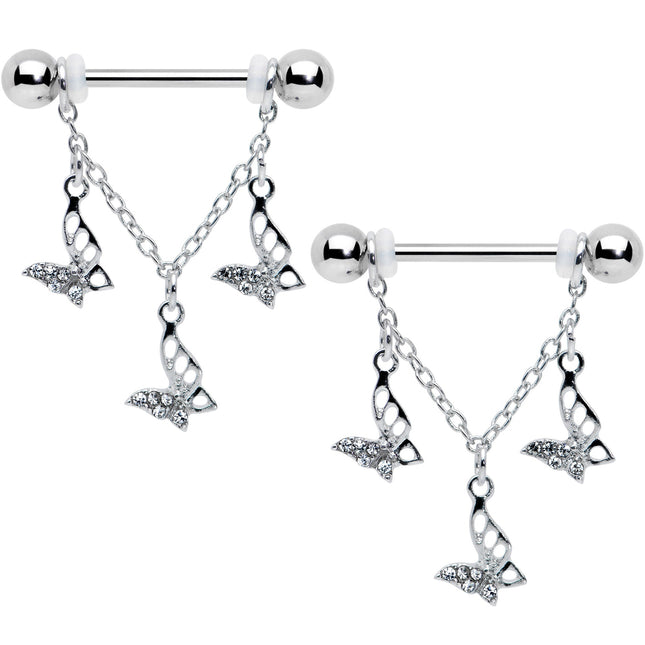 14G 9/16 Clear Gem Open Butterfly Chain Dangle Nipple Ring Set