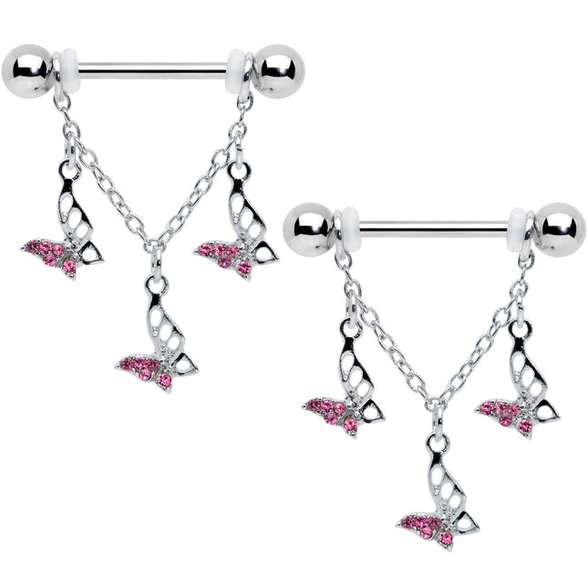 14G 9/16 Pink Gem Open Butterfly Chain Dangle Nipple Ring Set