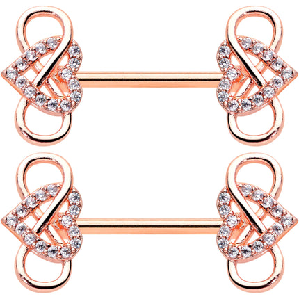 14G 1/2 Clear CZ Gem Rose Gold Hue Infinity Heart Nipple Ring Set