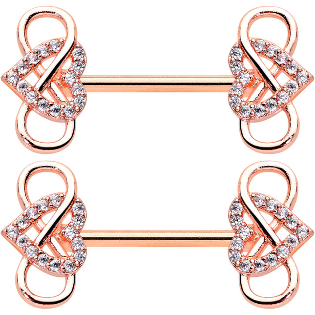 14G 1/2 Clear CZ Gem Rose Gold Hue Infinity Heart Nipple Ring Set