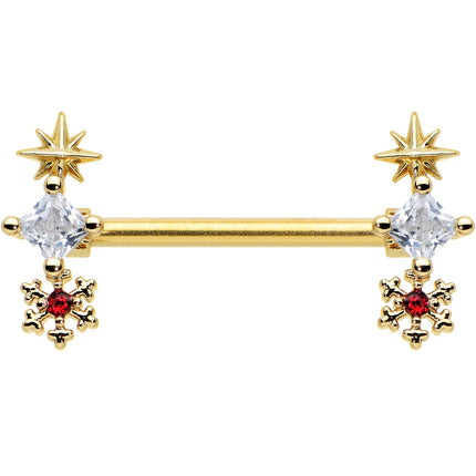 14G 9/16 Red Gold Tone Snowflake Star Christmas Nipple Ring Set