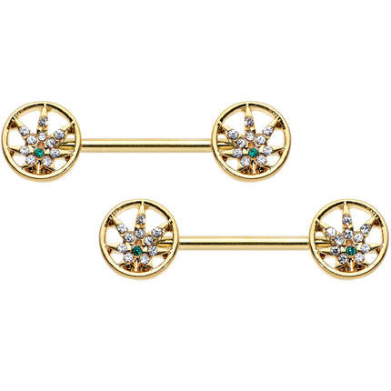 14G 9/16 Clear Green Gem Gold Hue Pot Leaf Circle Nipple Ring Set