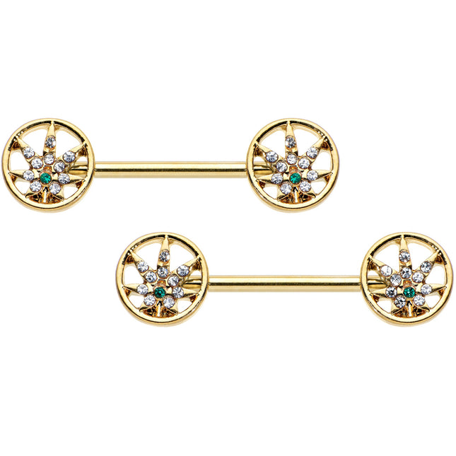 14G 9/16 Clear Green Gem Gold Hue Pot Leaf Circle Nipple Ring Set