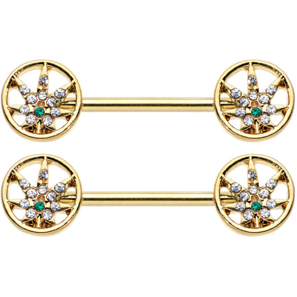 14G 9/16 Clear Green Gem Gold Hue Pot Leaf Circle Nipple Ring Set