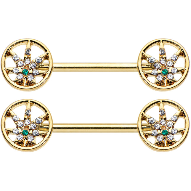 14G 9/16 Clear Green Gem Gold Hue Pot Leaf Circle Nipple Ring Set