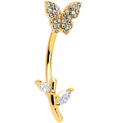 Clear CZ Gem Gold Tone Branch Butterfly Double Mount Belly Ring